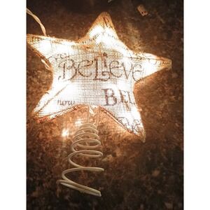 Vintage Burlap Fabric Christmas Star Tree Topper 8" Star Believe Country